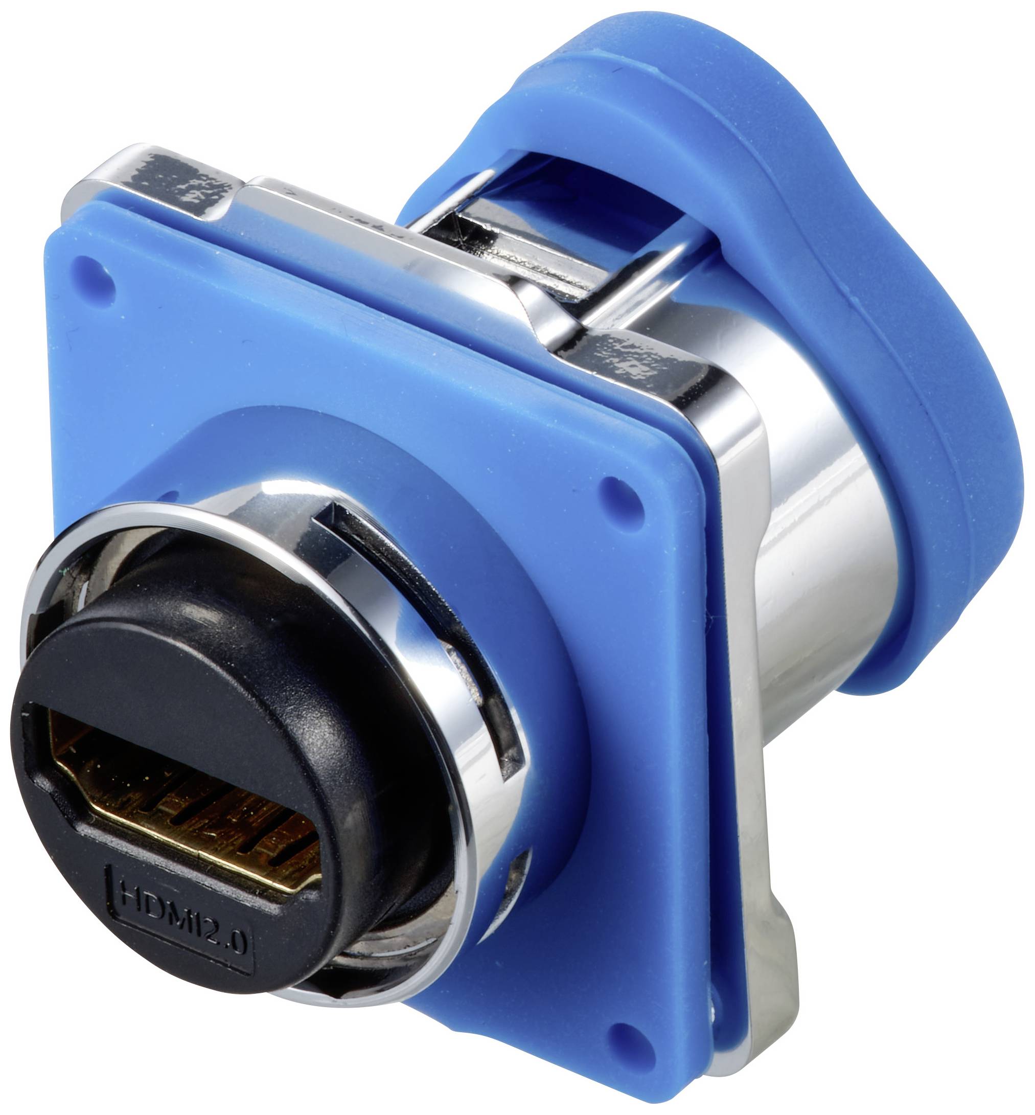Ein blauer HDMI-Anschluss in einem quadratischen Gehäuse, geeignet für Audio- und Videoübertragung, mit silbernen metallischen Details.