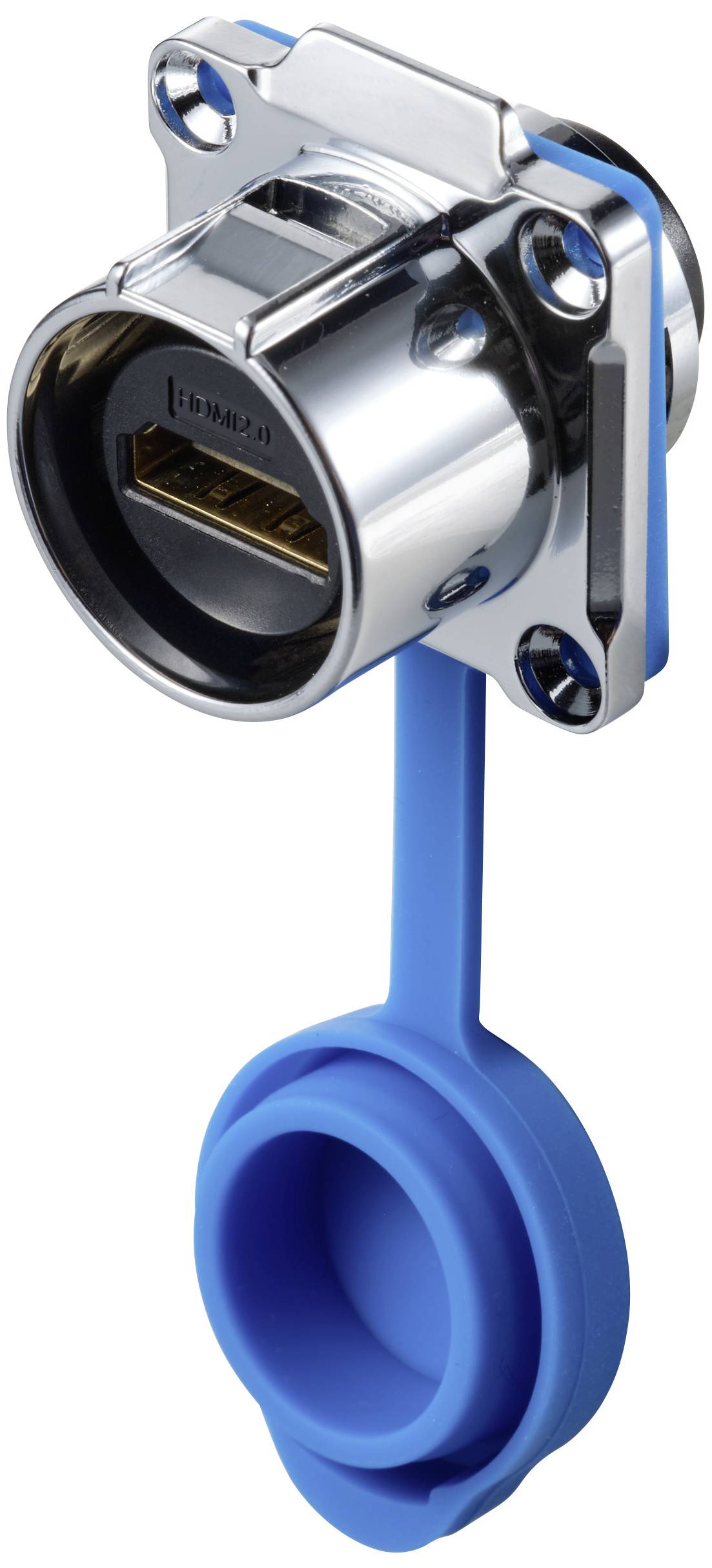 Chromfarbene Buchse mit vier Befestigungsschrauben und blauer Abdeckkappe.