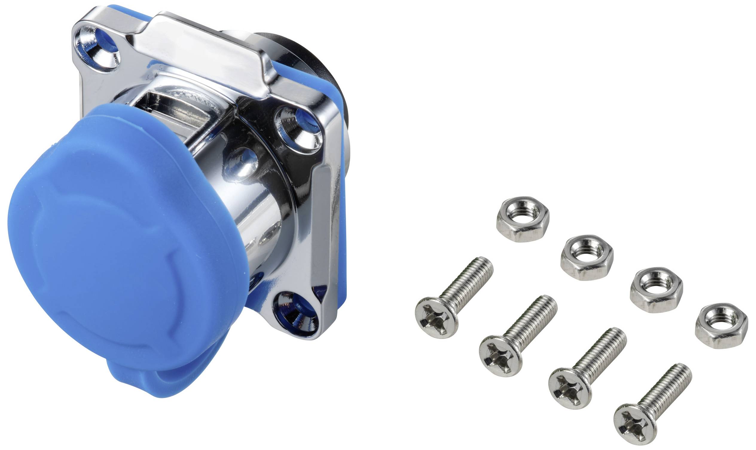 Ein silberner Metallverbinder mit blauer Kappe und vier Schrauben mit Muttern daneben. Der Verbinder hat eine quadratische Befestigungsplatte.