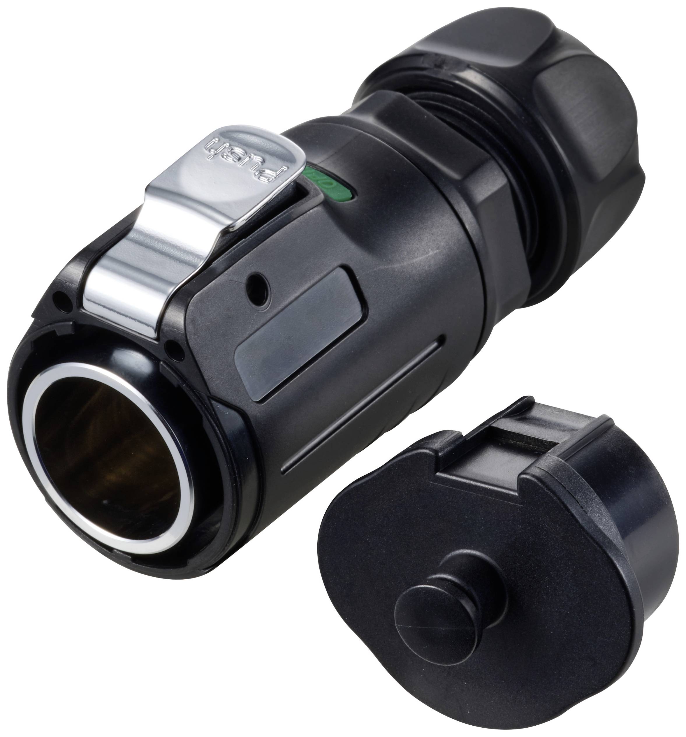 Schwarze Steckverbindung mit abnehmbarem Abdeckkappe, zeigt Metallklemmmechanismus und Kabelöffnung an der Seite.