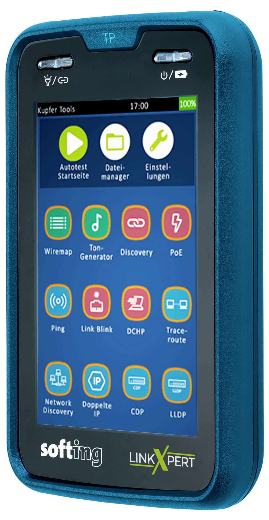 Tragbares Netzwerk-Testgerät mit Touchscreen, das ein Menü mit Diagnosetools anzeigt, darunter Autotest, Dateimanager, Einstellungen, Wiremap, Tongebung, Erkennung, PoE, Ping, DHCP, Traceroute, CDP und LLDP.