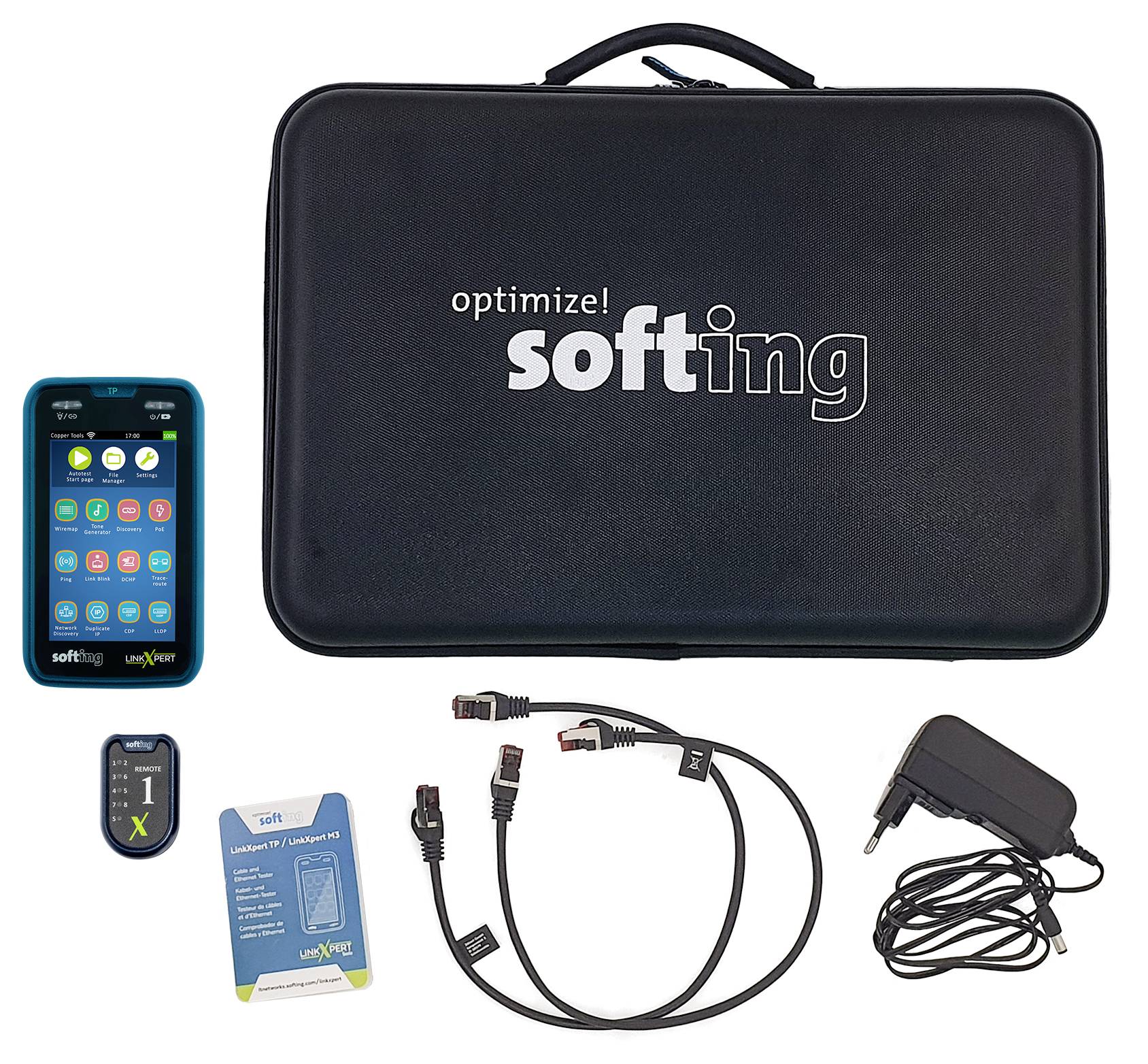 Softing-Testkit-Set mit schwarzem Transportkoffer, tragbarem Gerät, Adapterkarte, Kabel und Stromversorgung.