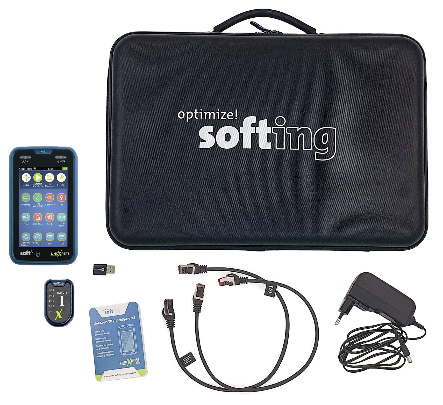 Softing-Testkit in einem schwarzen Transportkoffer mit smartphone-ähnlichem Gerät, Adapter, Kabeln, USB-Dongle, Bedienungsanleitung und Stromadapter.