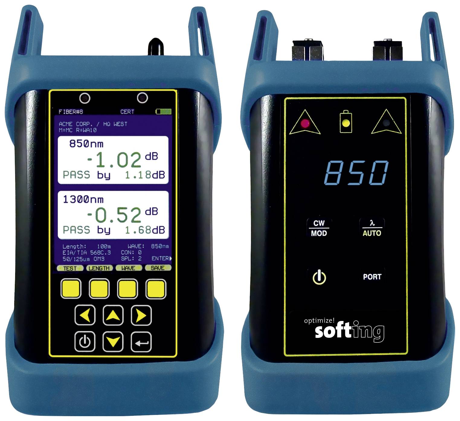 Zwei digitale Messgeräte zur optischen Leistungsmessung. Links zeigt das Display Testwerte und Pass/Fail-Ergebnisse; rechts zeigt numerische Anzeige.