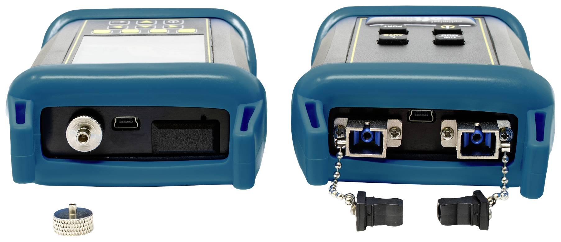 Gerät mit zwei verschiedenen Anschlüssen: links USB und runder Anschluss; rechts zwei Steckplätze mit Abdeckungen auf Ketten.