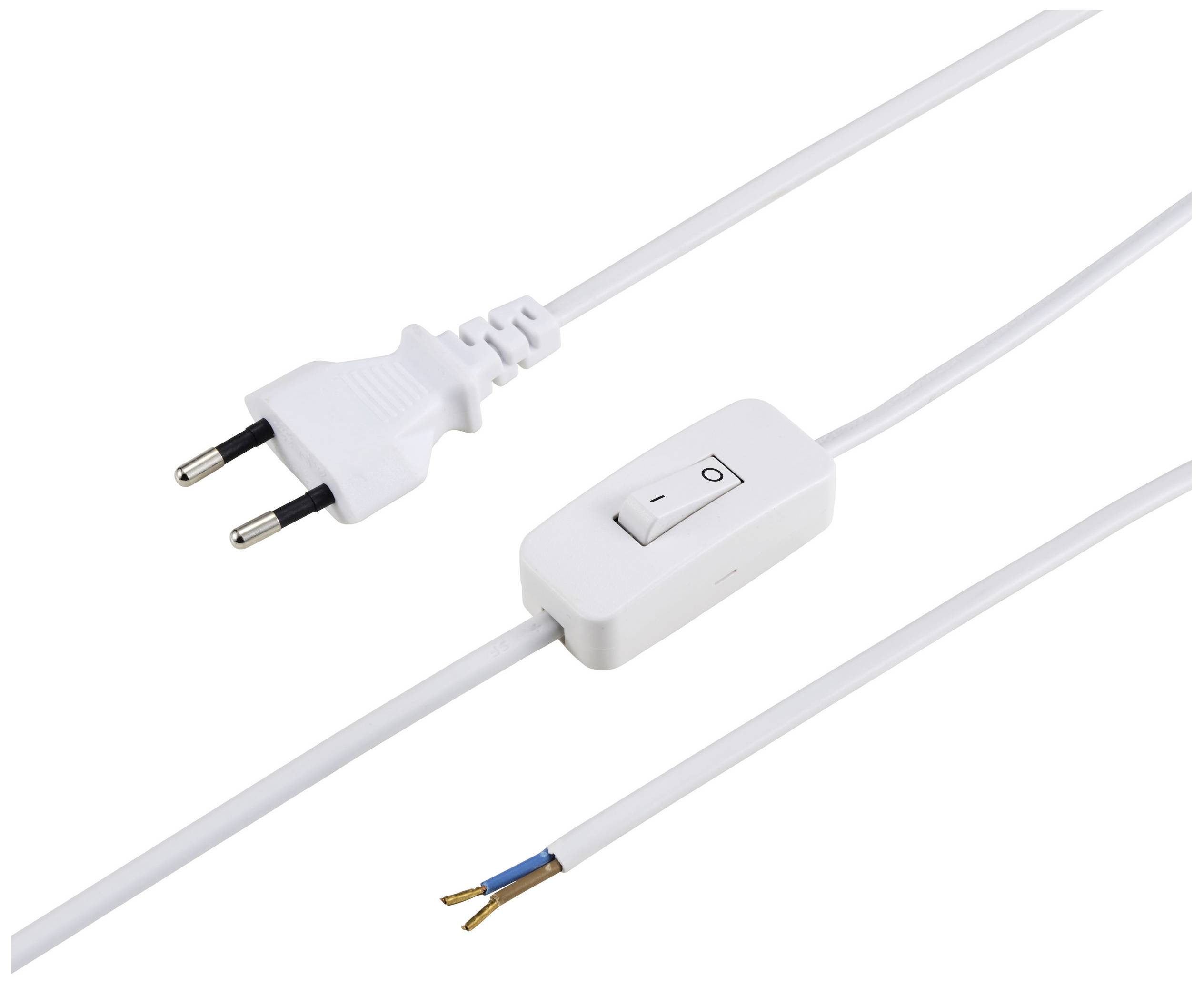 Ein weißes Netzkabel mit europäischem Stecker und Zwischenschalter. Auf der anderen Seite des Kabels sind freiliegende Drähte.