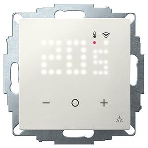 Ein weißer digitaler Thermostat zeigt '20,5' an, mit Symbolen für WLAN und Temperatur oben, sowie Plus- und Minus-Tasten unten.
