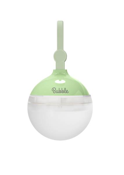 Grüne, runde Nachtlampe mit Griff und dem Schriftzug 'Bubble' auf der Oberseite, geeignet zur Befestigung an einem Kinderbett.