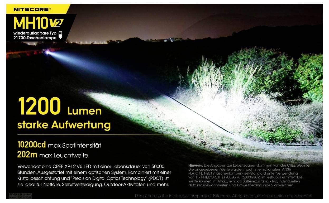 Werbeplakat für Nitecore MH10V2: 1200 Lumen, 10200 cd und 202 m Reichweite; beleuchtet nachts einen Weg mit starkem Lichtkegel.