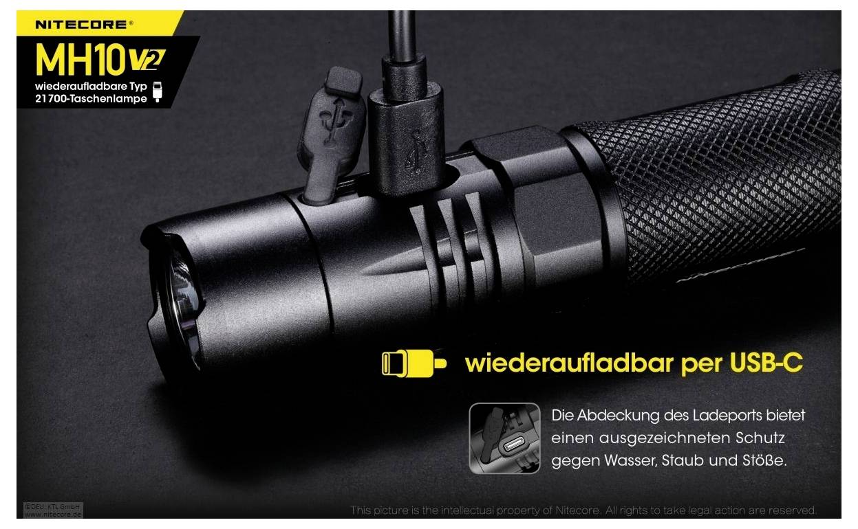 Nitecore MH10V2 Taschenlampe mit USB-C-Ladeanschluss und Schutzabdeckung; Hinweis: 'wiederaufladbar per USB-C'.
