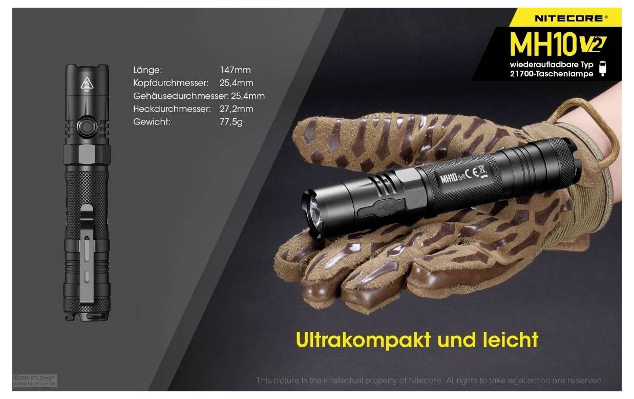 Werbegrafik der Nitecore MH10v2: kompakte Taschenlampe auf Handschuh, mit Maßen 147 mm lang, Kopf 25,4 mm, Gehäuse 25,4 mm, Gewicht 77,5 g; Text 'Ultrakompakt und leicht'.