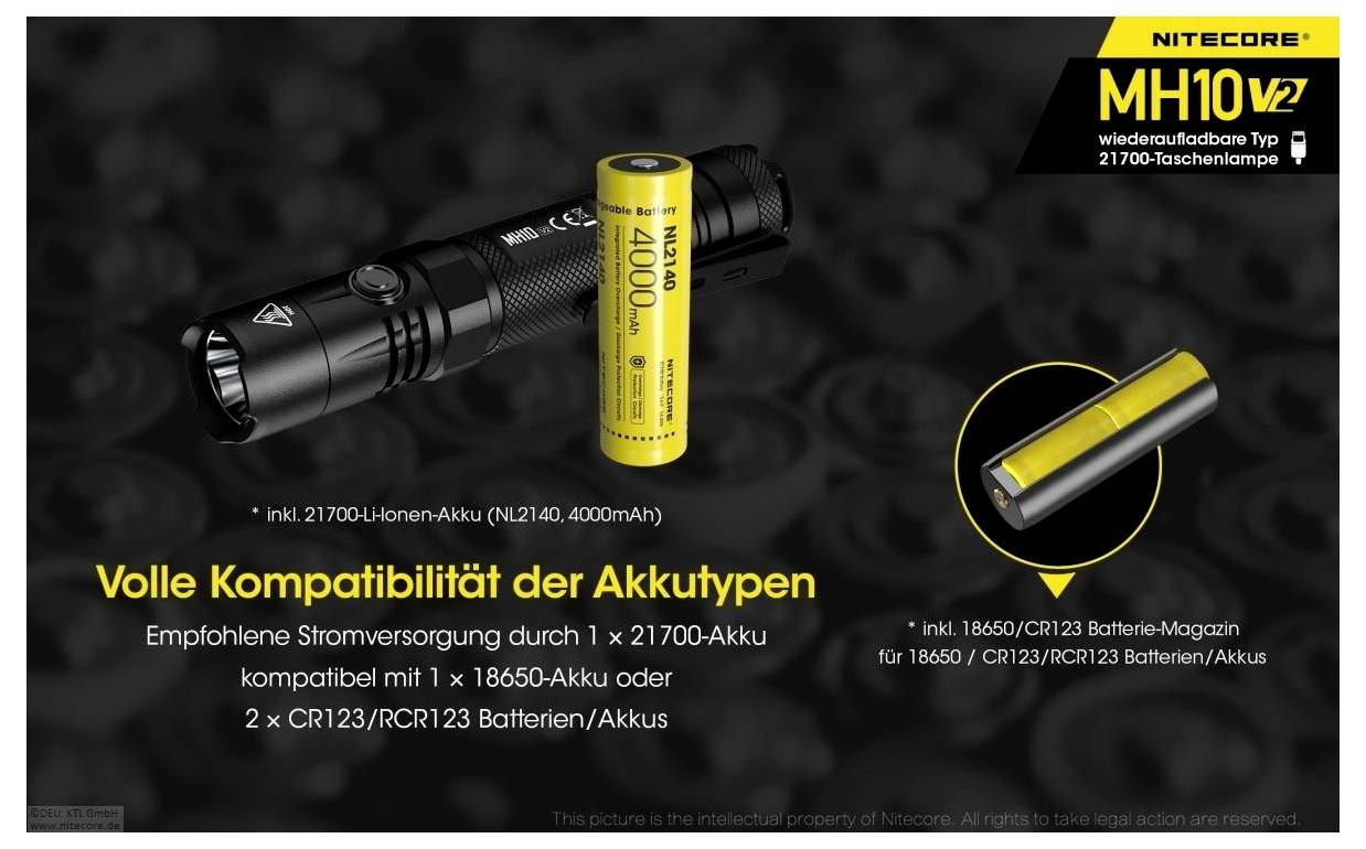 Werbebild für Nitecore MH10v2: Taschenlampe mit 21700-Akku, Hinweis auf volle Kompatibilität mit 21700-, 18650- und CR123/16340-Akkus.
