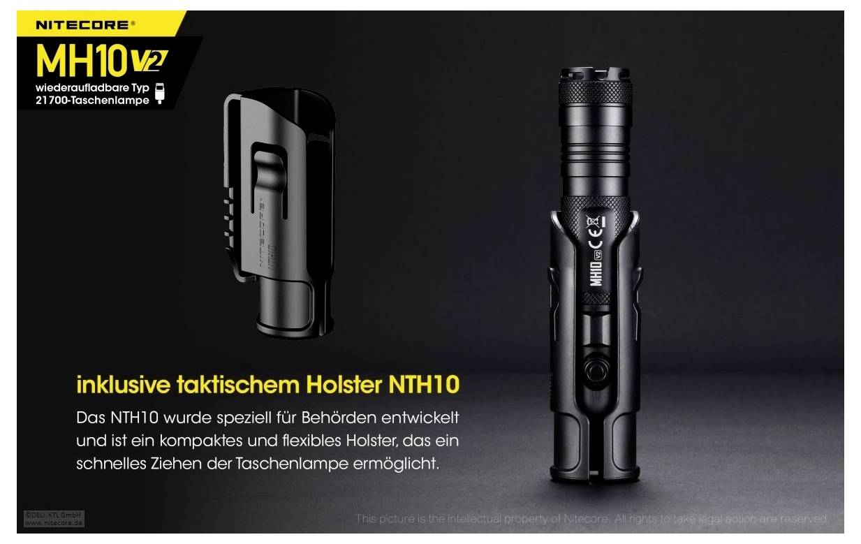 Werbegrafik für Nitecore MH10V2: Taschenlampe mit festem Holster NTH10; zeigt Holster und Lampe, Hinweis auf schnelles Ziehen und Behördeneinsatz.
