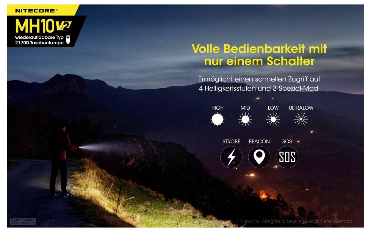Werbebild für die Nitecore MH10V2: Eine Person beleuchtet nachts einen Bergpfad mit einer Taschenlampe; Text wirbt für einfache Bedienbarkeit mit einem Schalter und 4 Helligkeitsstufen sowie 3 Spezialmodi.