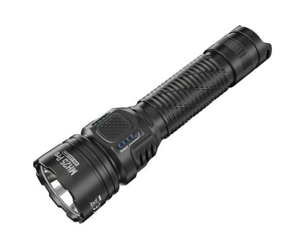 Schwarze Taschenlampe mit geriffeltem Griff und LED-Leuchtanzeige, bietet starke Beleuchtung für Outdoor-Aktivitäten.
