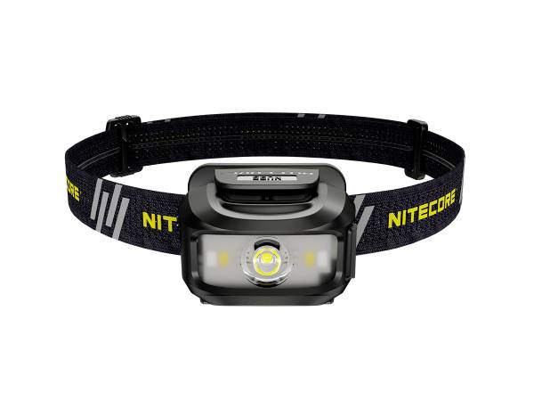 Schwarze Stirnlampe mit gelbem Nitecore-Logo, verstellbarem Band und leuchtendem LED-Licht in der Mitte für Outdoor-Aktivitäten.