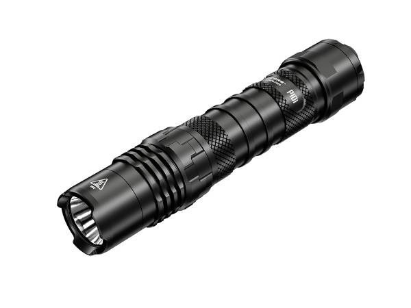 Schwarze, taktische Taschenlampe mit strukturiertem Griff und geriffeltem Kopf, betont Robustheit und Funktionalität.