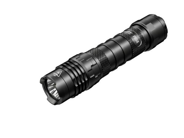 Eine schwarze, taktische Taschenlampe mit geriffeltem Griff und robustem Design, geeignet für Outdoor-Aktivitäten.