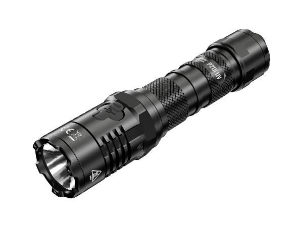 Schwarze LED-Taschenlampe mit strukturiertem Griff, mehreren Lichtmodi und robustem Gehäuse, ideal für Outdoor-Aktivitäten.