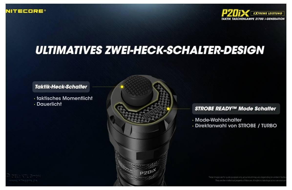 Werbeanzeige für die Nitecore P20iX Taschenlampe mit 'ultimatives Zwei-Heck-Schalter-Design'; zeigt Taktik-Heck-Schalter für Momentlicht/Dauerlicht und Strobe Ready Mode-Schalter für STROBE/TURBO.