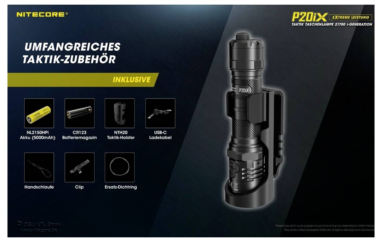 Werbegrafik für die Nitecore P20iX Taschenlampe mit Akku und Taktik-Zubehör; zeigt Lampe sowie Lieferumfang: Akku, Holster, USB-C-Kabel, Handschlaufe, Clip und Ersatz-Dichtung.