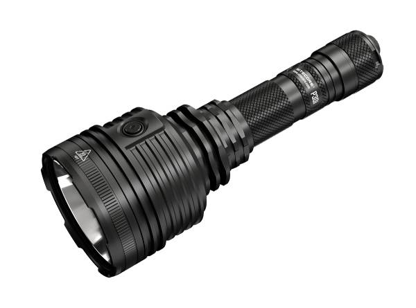 Schwarze Taschenlampe mit geriffeltem Griff, seitlichem Schalter und breitem Leuchtkopf für leistungsstarke Ausleuchtung.