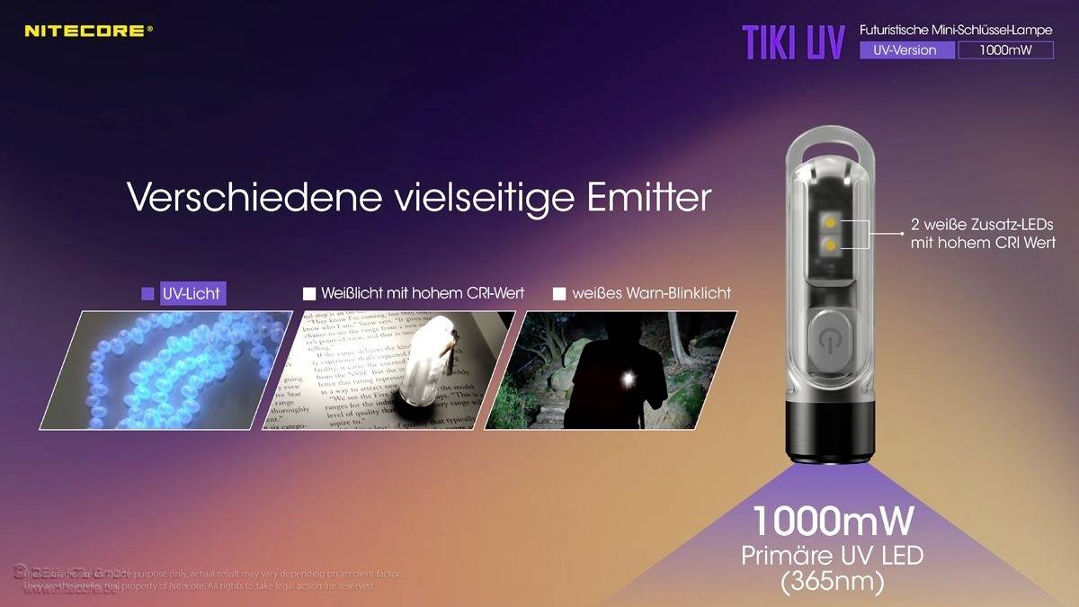 'Verschiedene vielseitige Emitter' zeigt mehrere Lichtquellen und ihre Verwendungszwecke. Hauptlichtquelle ist eine 1000mW UV-LED (365nm).
