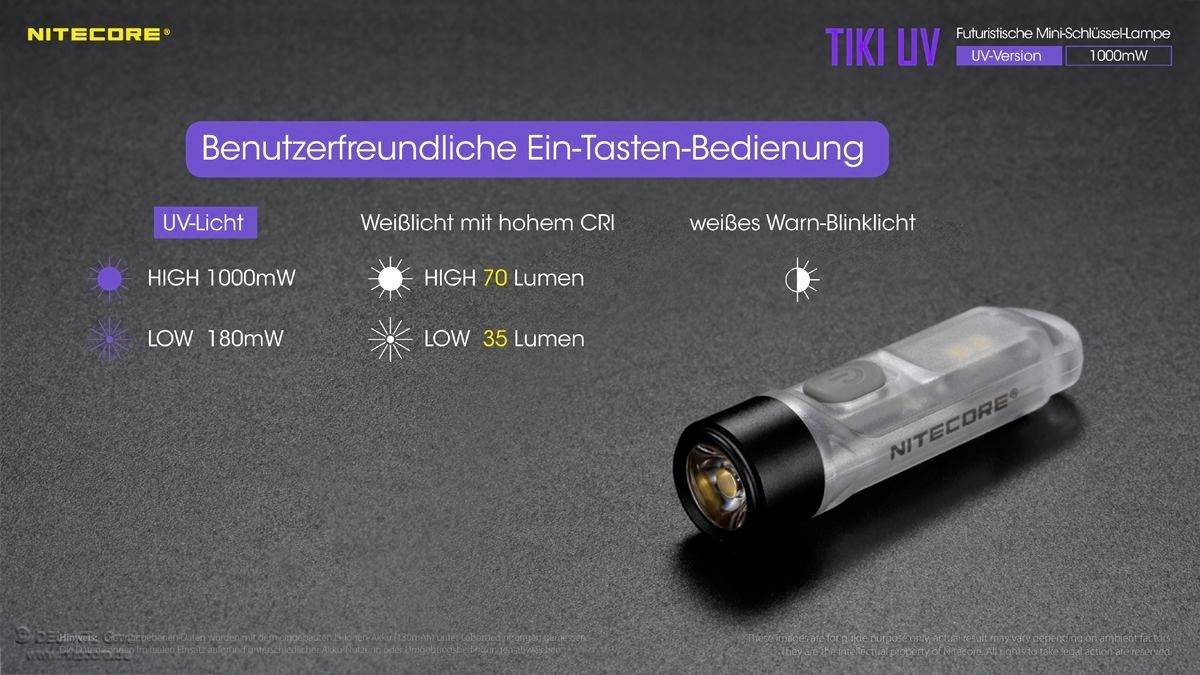 NiteCore TIKI UV LED, UV-LED Taschenlampe akkubetrieben 70lm 12g
