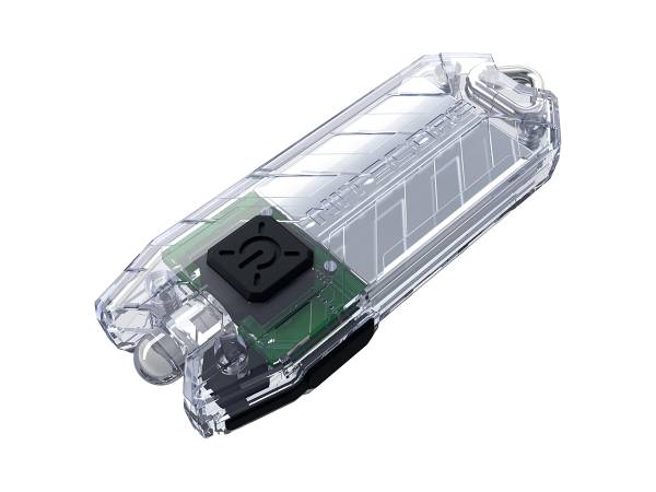 Ein transparenter USB-Stick mit Einblick in die interne Schalttechnik. Oben ist ein auffälliger schwarzer Schalter erkennbar.