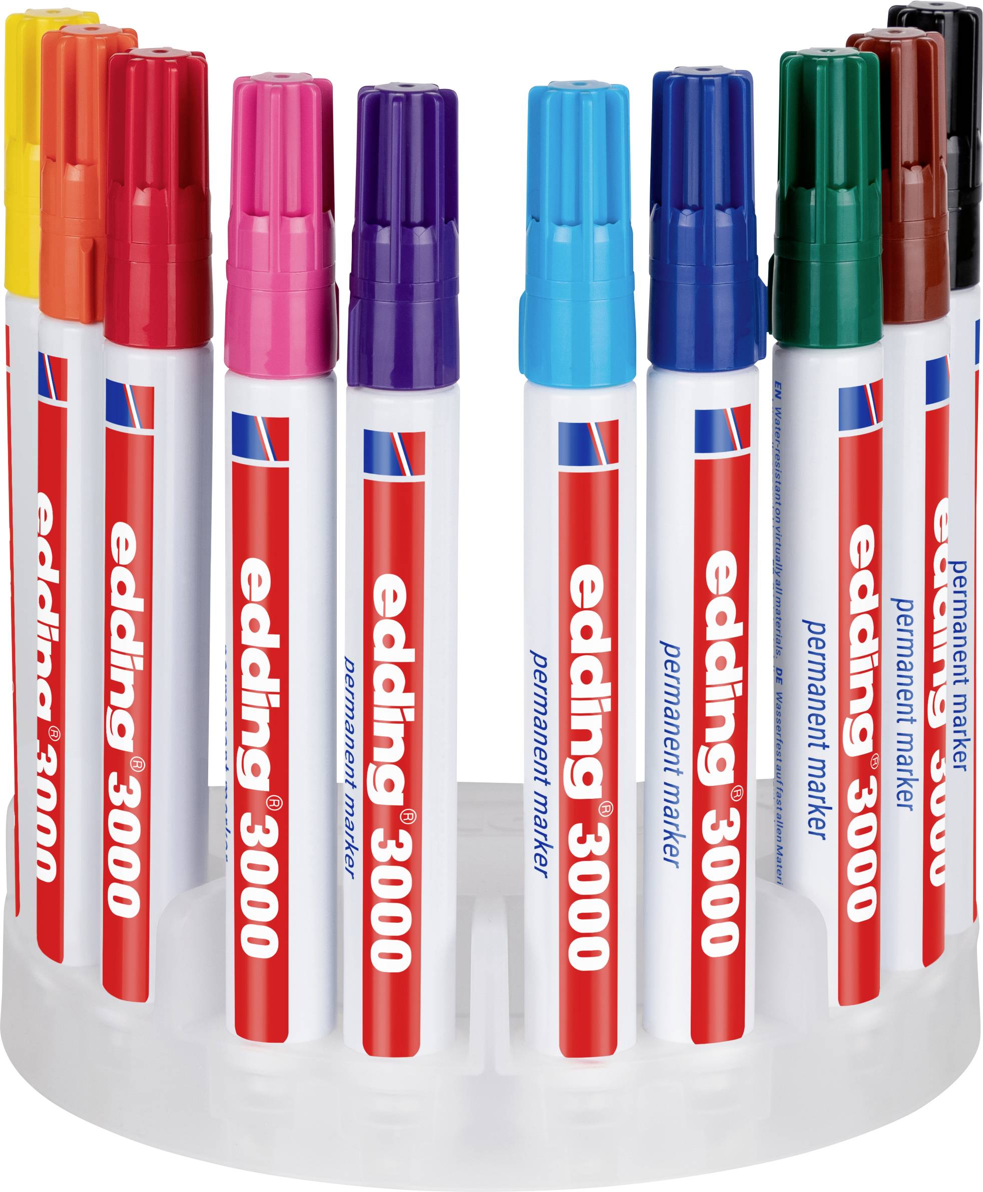 Ein klares Drehdisplay mit Reihen von Edding 3000 Permanentmarkern in verschiedenen Farben: rot, rosa, lila, cyan, blau, grün, braun und schwarz.