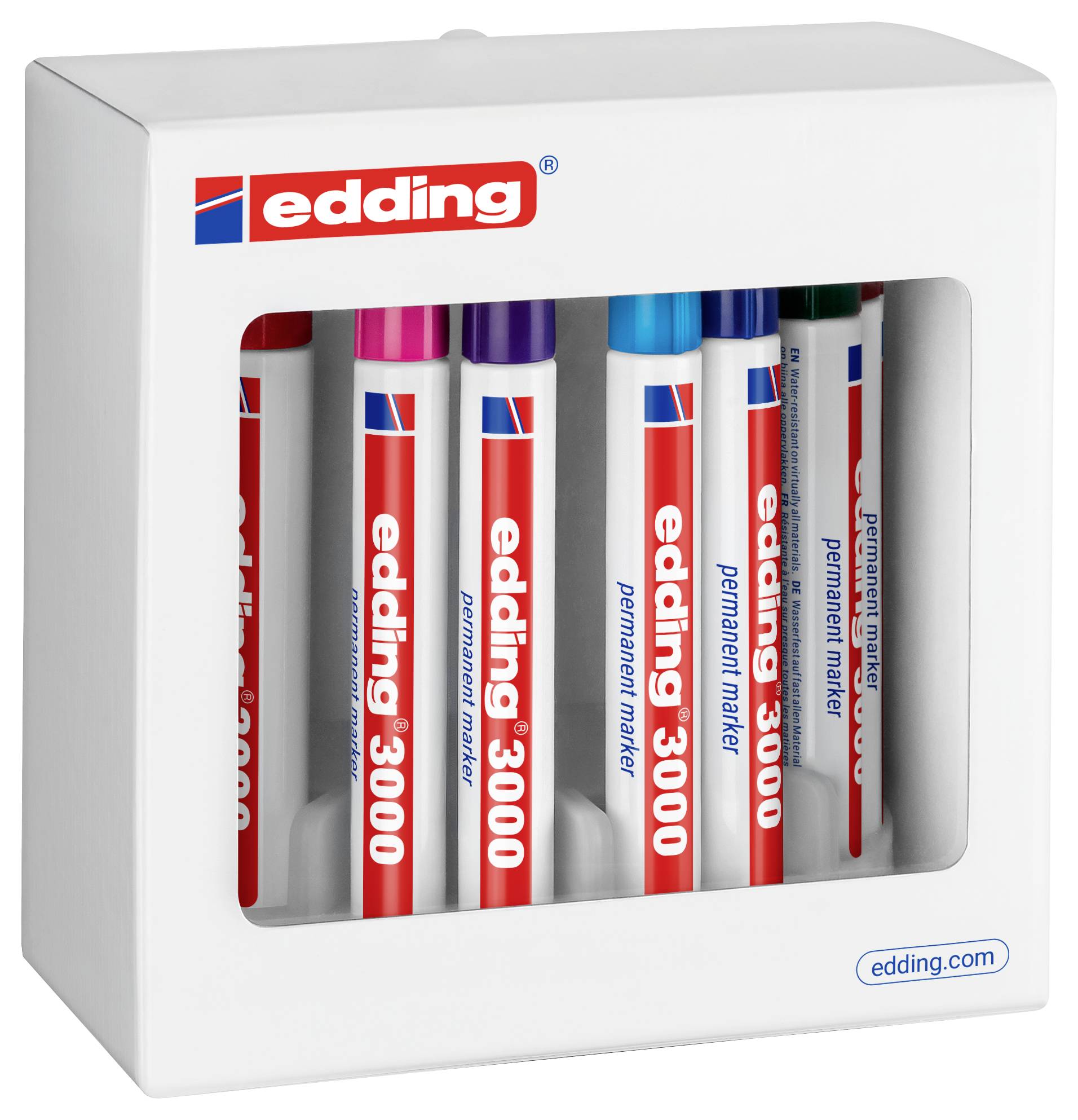 Weißer Edding-Markerset-Karton mit sechs permanenten Markern, die durch ein Fronsfenster sichtbar sind, mit den Bezeichnungen "edding 3000" und "edding 3300".