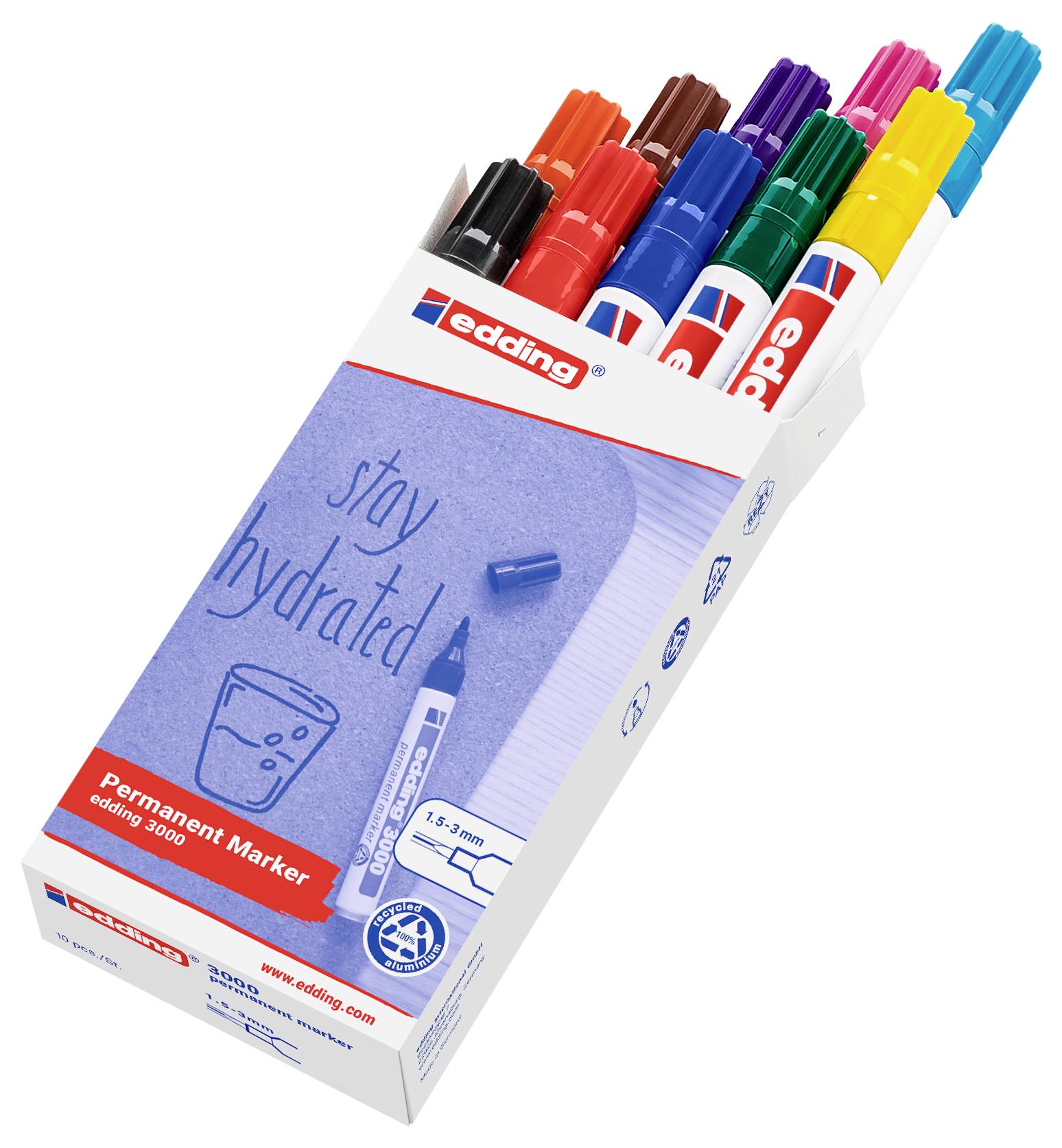 Schachtel mit Edding-Permanentmarkern mit mehreren farbigen Kappen sichtbar, auf der Verpackung mit „stay hydrated" beschriftet.