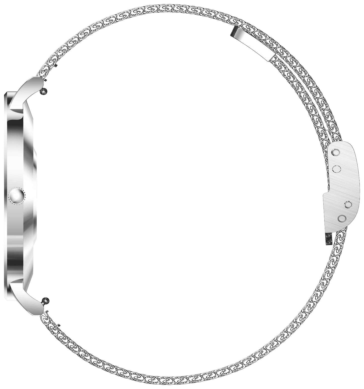 Silberne Armbanduhr mit feinem Gliederarmband und schmalem Gehäuse. Ansicht von der Seite, Verschluss auf der rechten Seite.