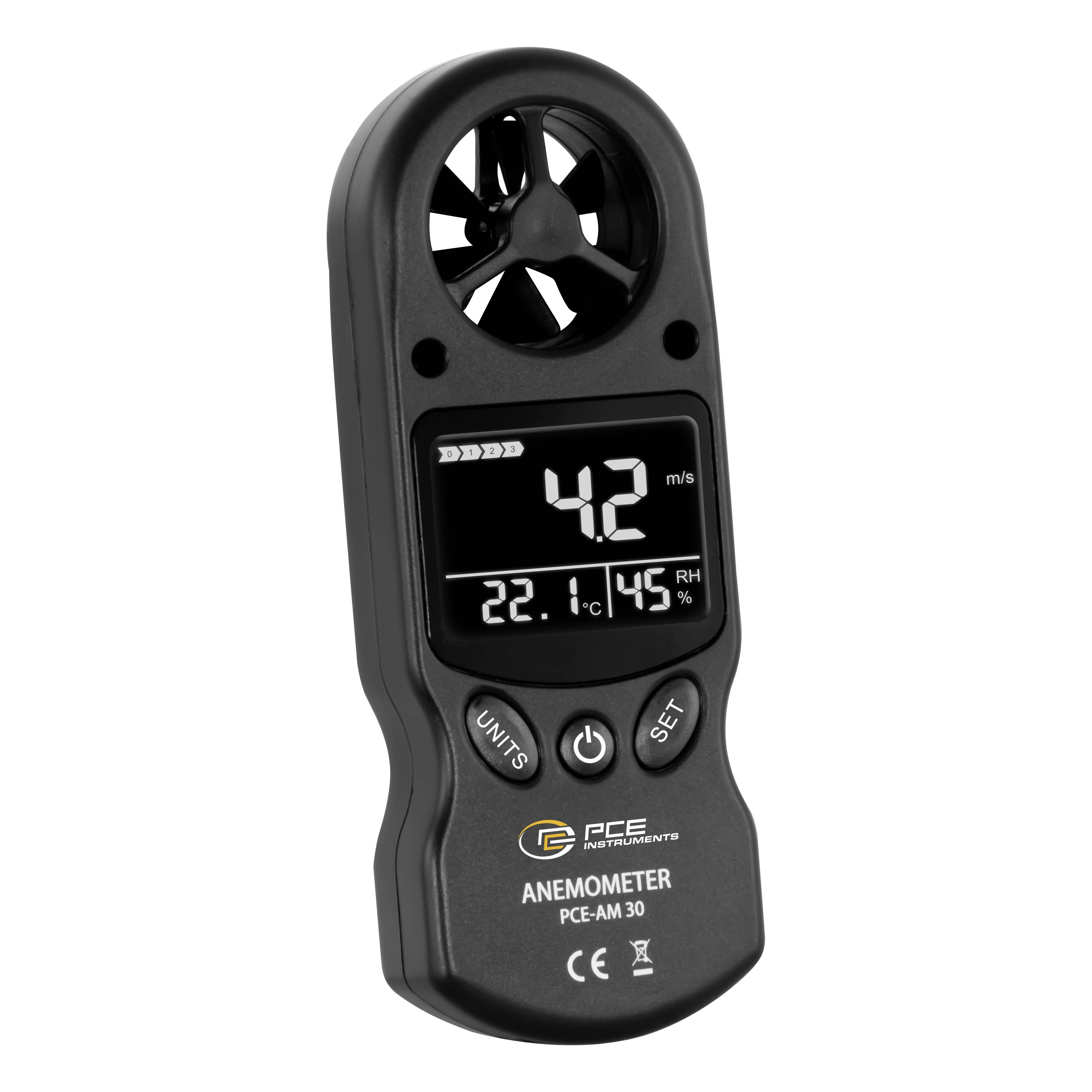 Digital handheld anemometer showing wind speed 4.2 m/s, temperature 22.1°C, and humidity 45% RH on its display.