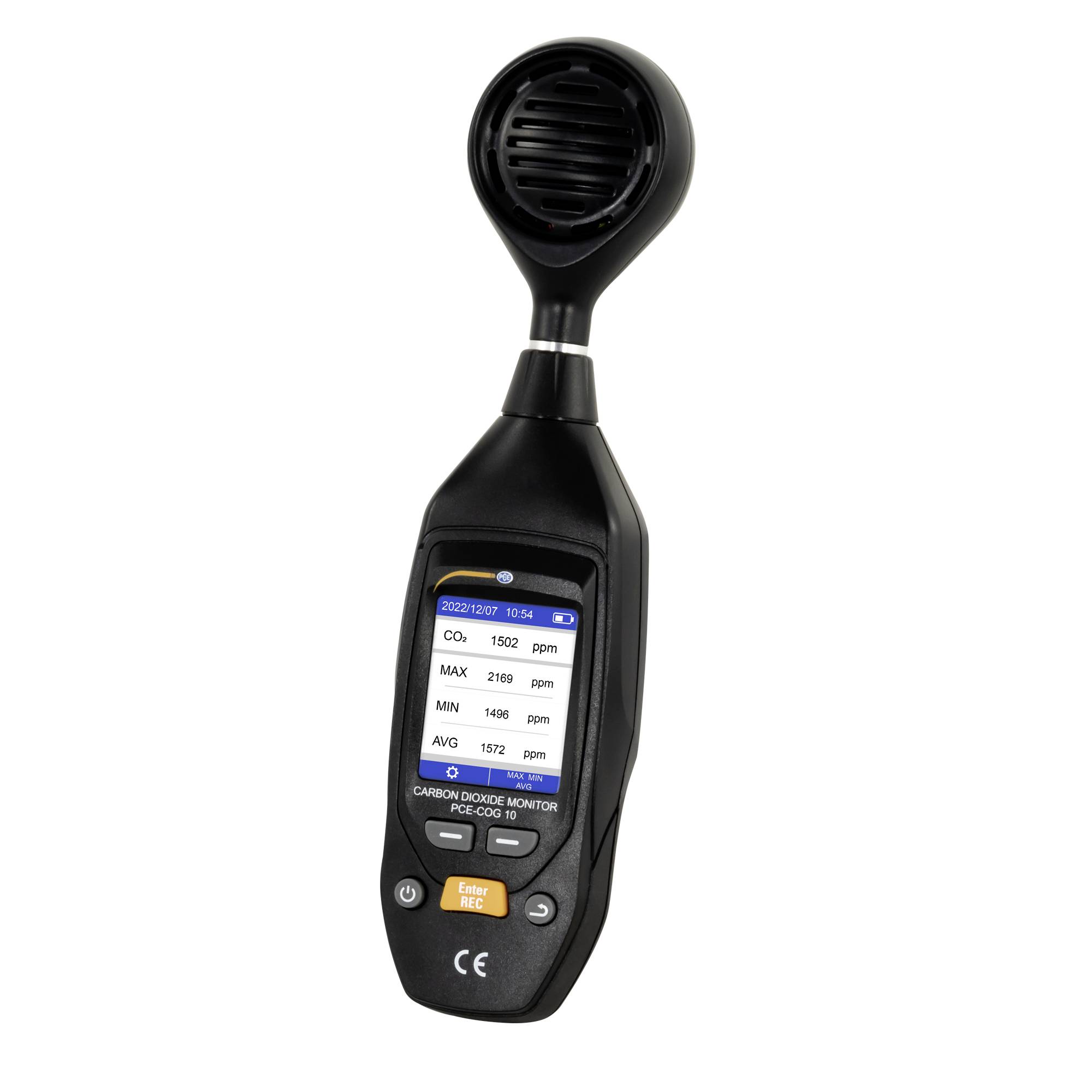 Handheld carbon dioxide monitor with built-in sensor head and screen displaying CO2 readings, max, min, and average values.