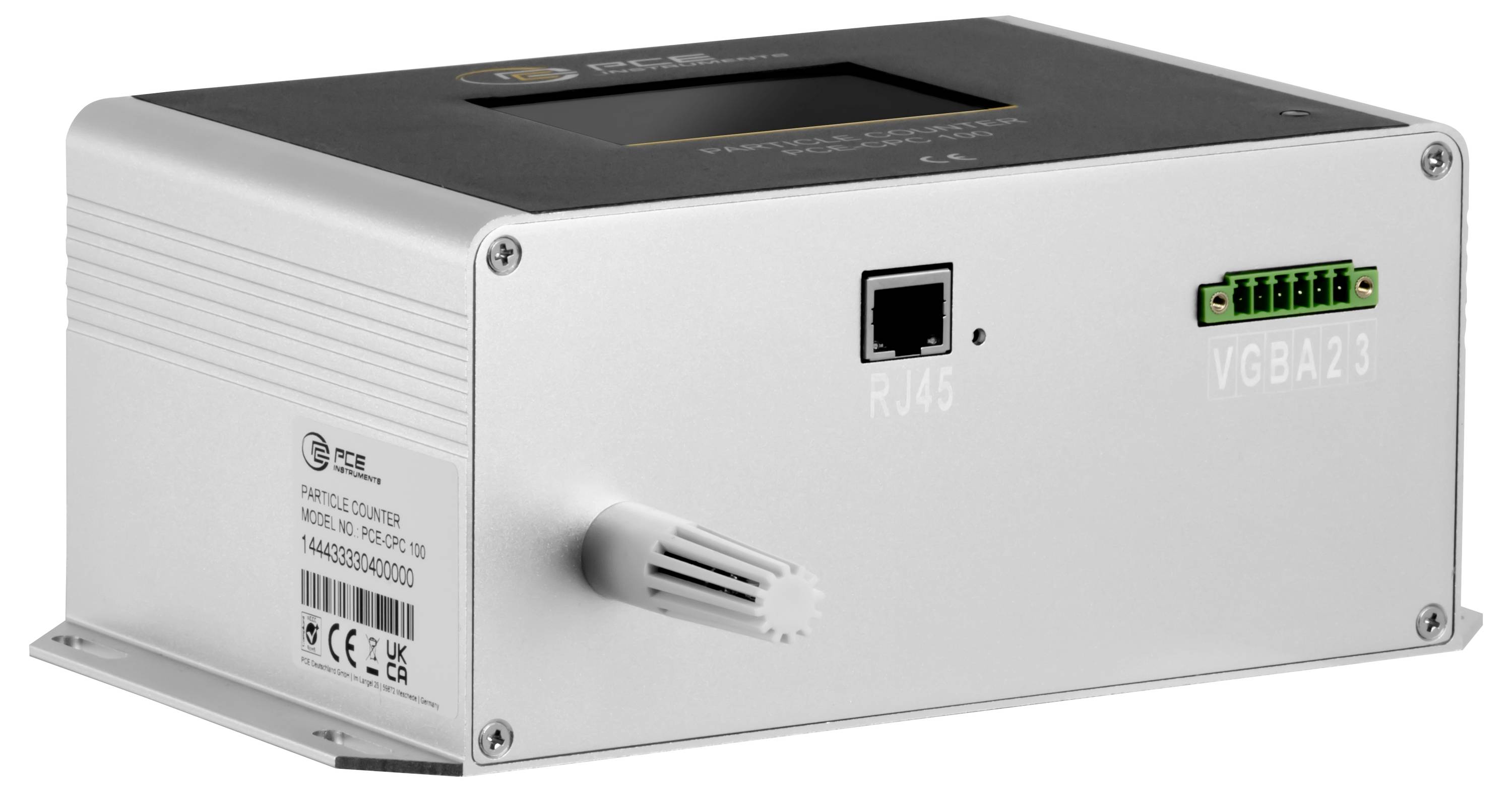 Metallisches elektronisches Gerätegehäuse mit RJ45-Netzwerkport, grünem Anschlussblock und belüfteter Frontarmatur auf einer Montagebasis
