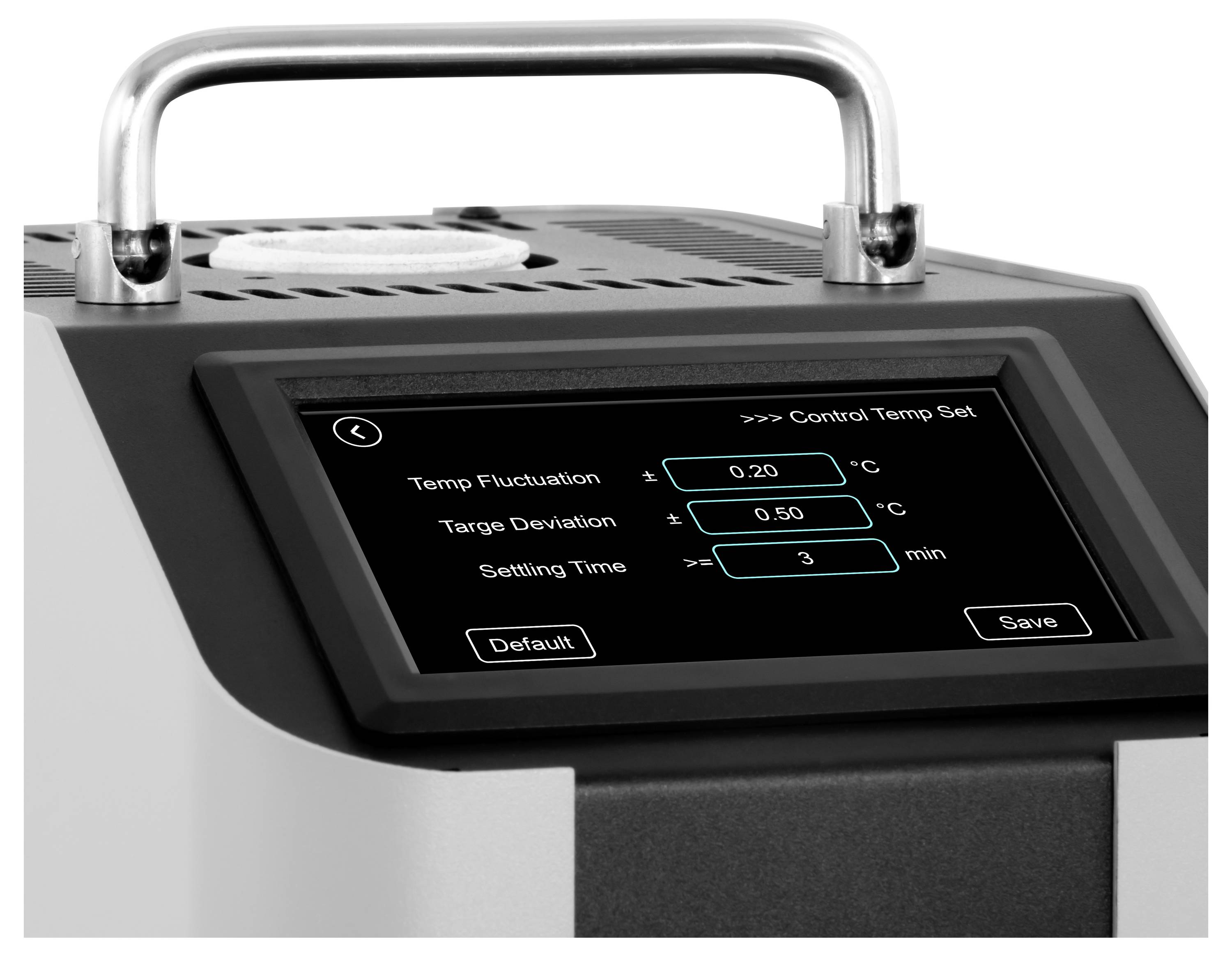 Touchscreen-Bedienfeld eines Laborinstruments mit „Kontrolltempaturvorgabe