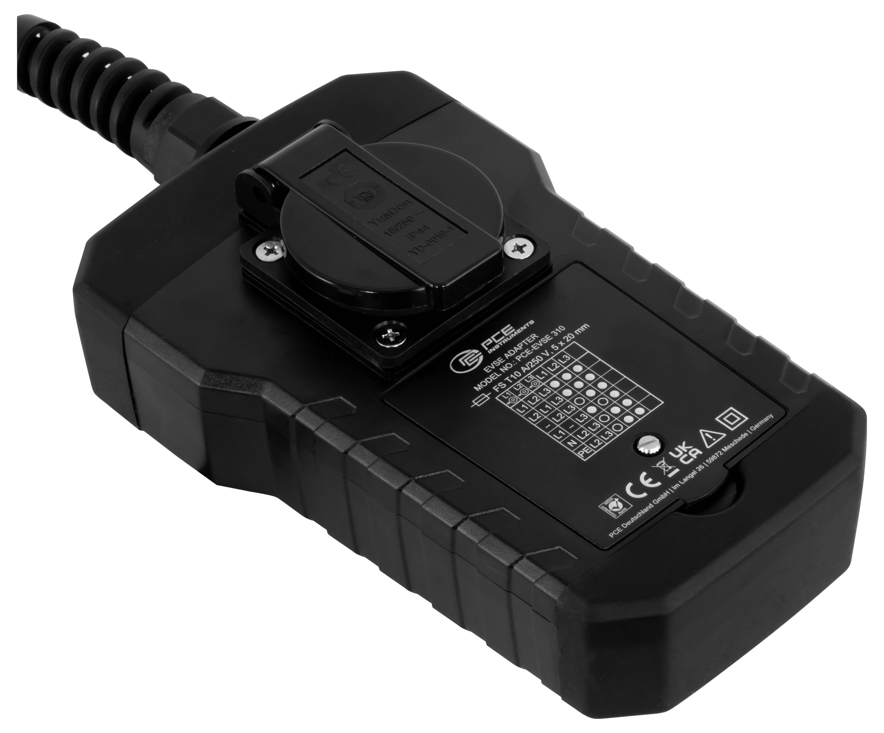 Schwarzes Elektrogerät mit Draht, geriffeltem Kabel und Montageklammer, mit Etikett und Sicherheitsmarkierungen auf der Rückseite.