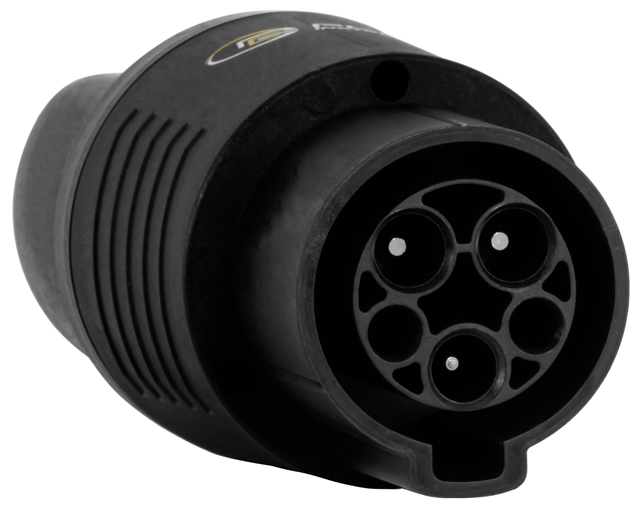 Schwarzer Stecker für Elektrofahrzeug-Ladevorgänge in Nahaufnahme auf weißem Hintergrund, mit fünf kreisförmigen Kontaktöffnungen im Steckerkopf.