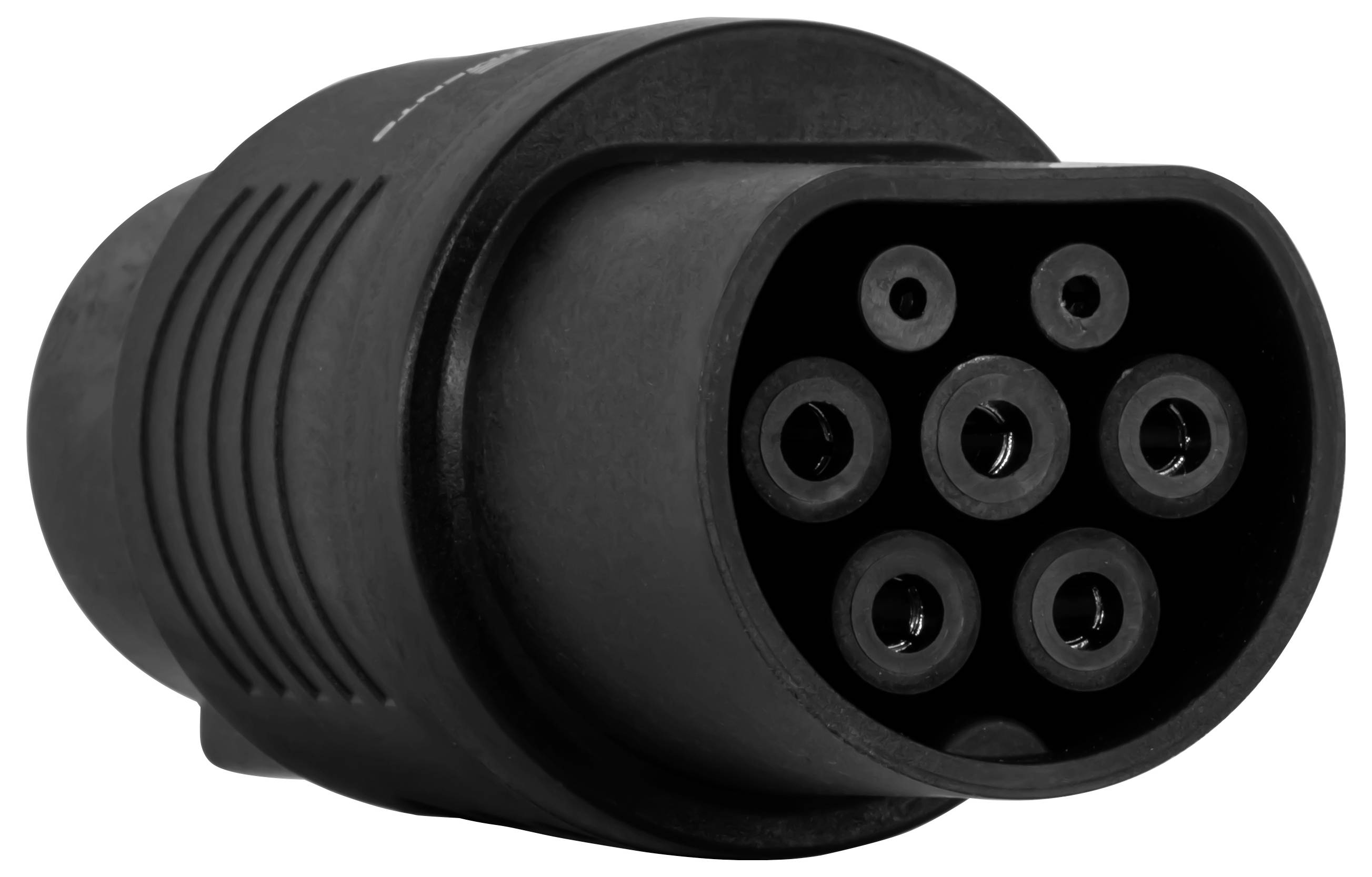 Schwarzer zylindrischer mehrpoliger Elektrostecker mit sieben Buchsensöffnungen, dargestellt auf weißem Hintergrund.