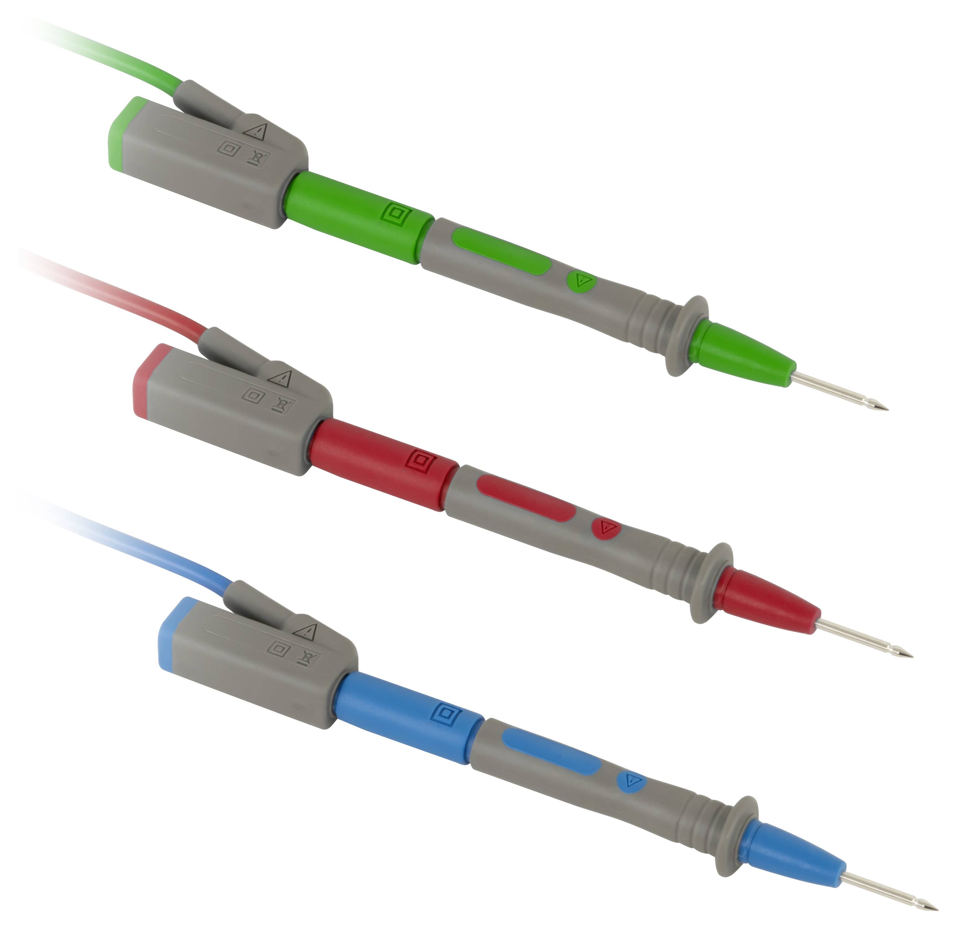 Drei farbcodierte elektrische Messsonden mit isolierten Griffen und spitzen Metallspitzen: grün, rot und blau.