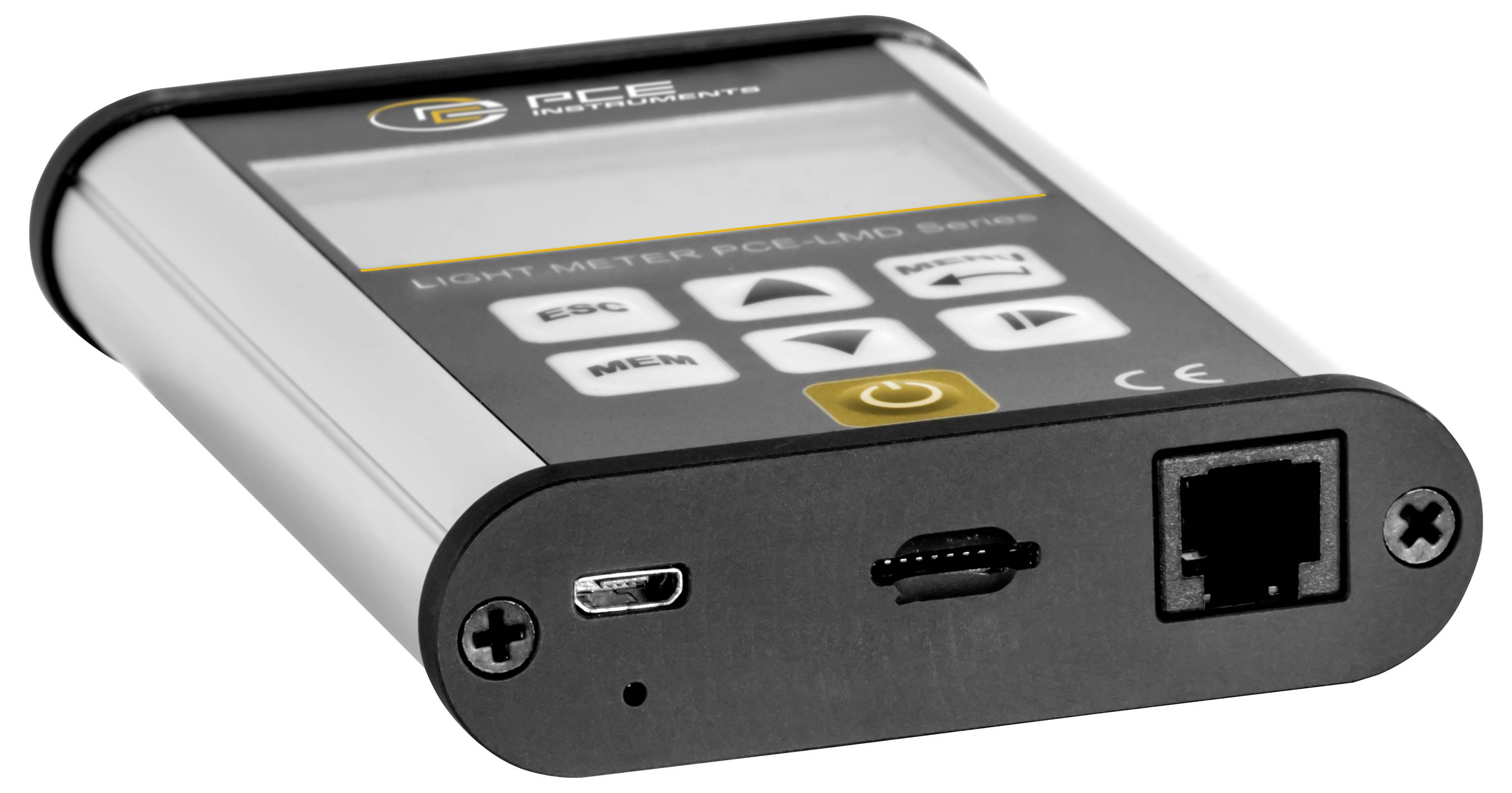 Tragbares elektronisches Messgerät mit Bildschirm und Tastatur, das Frontanschlüsse zeigt, darunter USB, Mini-USB und Ethernet-Anschluss.