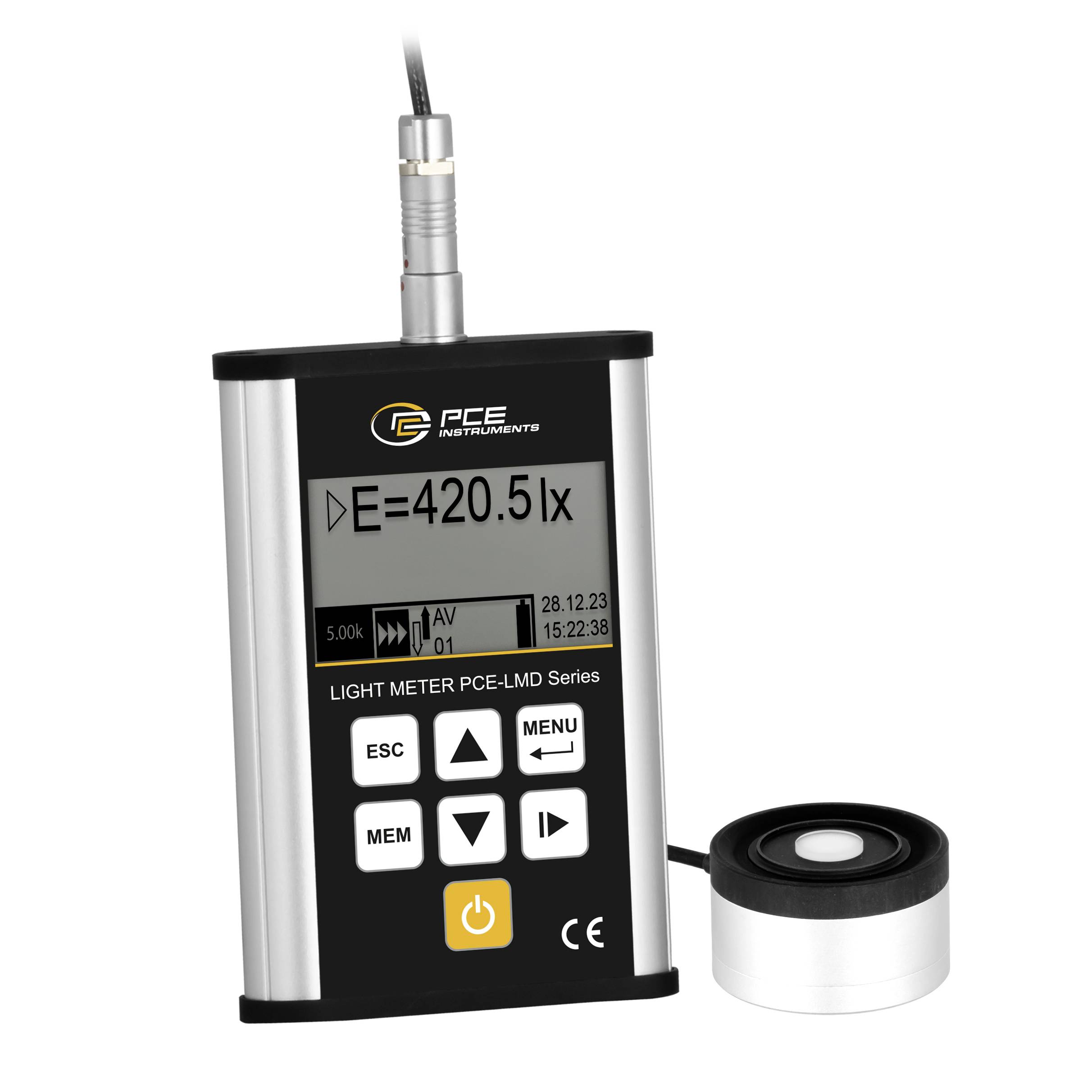 Tragbares PCE-Luxmeter mit externem Sensor, das eine Anzeige von „E=420,5 lx