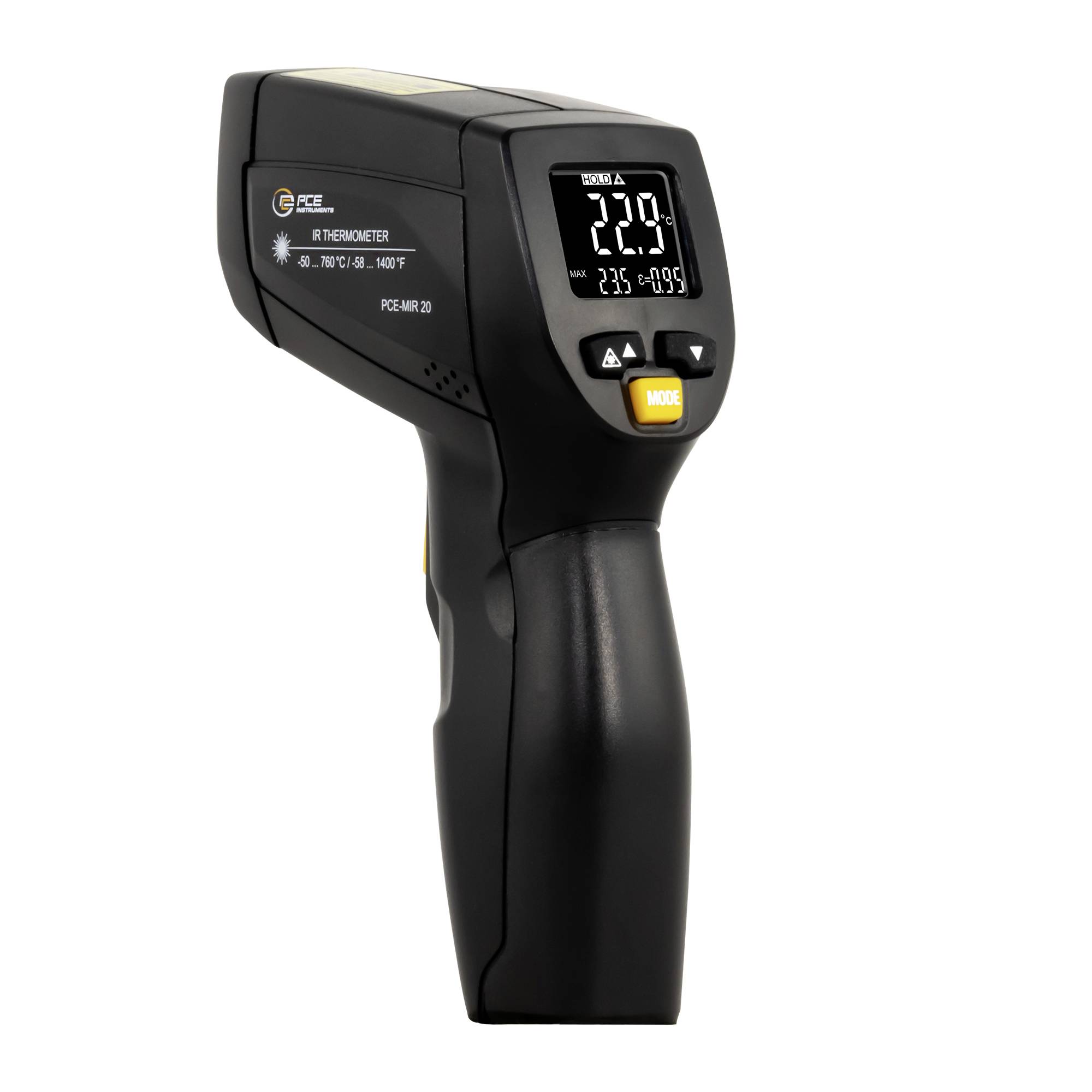 Tragbares Infrarot-Thermometer mit digitaler Anzeige, das 22,9°C anzeigt, mit den Tasten „MODE