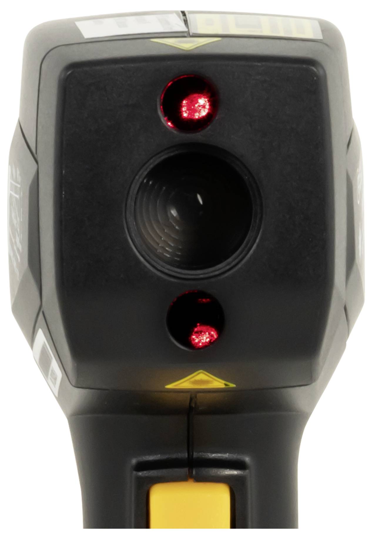 Vorderansicht eines tragbaren Barcode-Scanners mit einer zentralen Linse und zwei roten Kontrollleuchten auf einem schwarz-gelben Gehäuse.