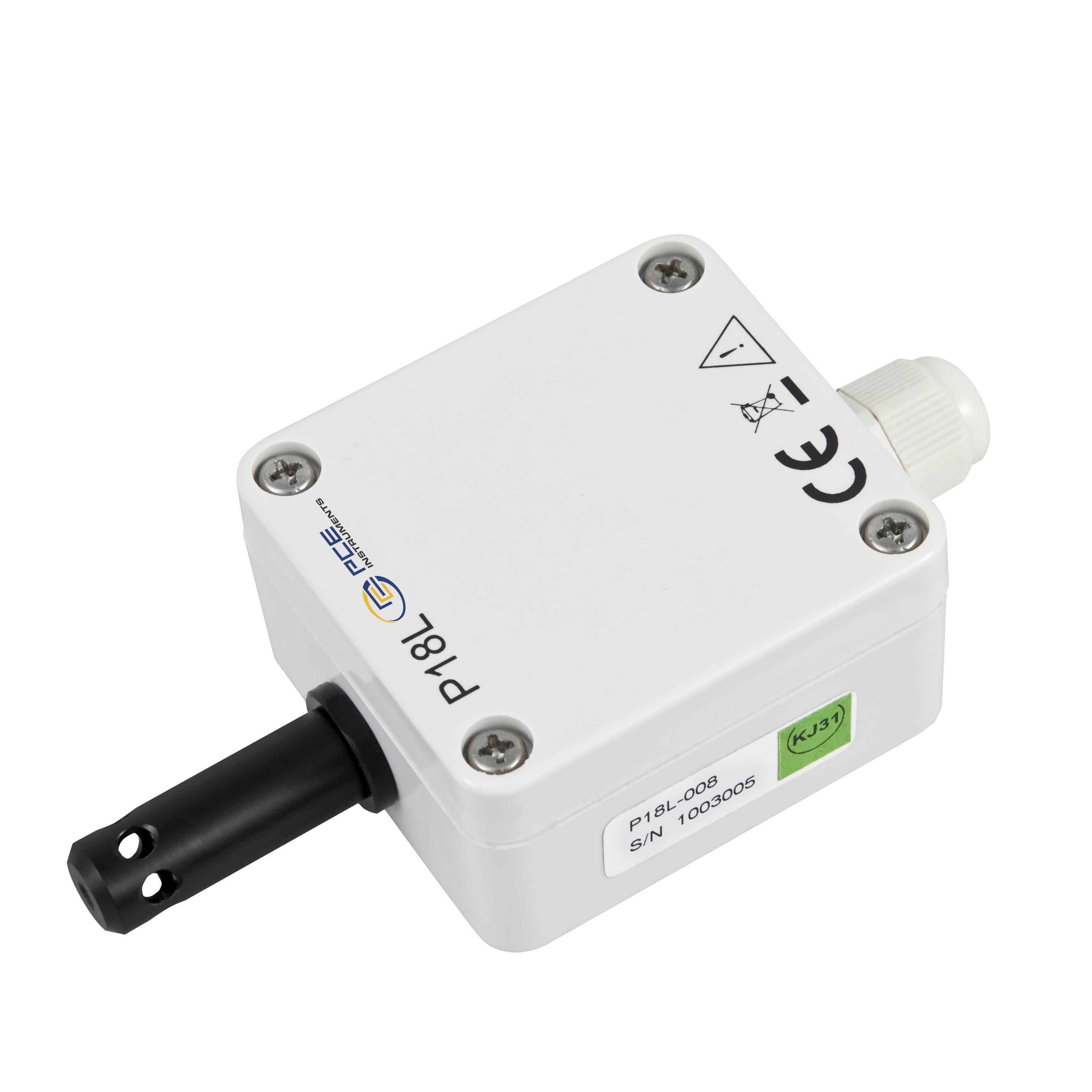 Weißes P18L-Industrie-Sensormodul mit schwarzer Sonde und Kabel, mit Warn- und CE-Kennzeichnungen vor neutralem Hintergrund.