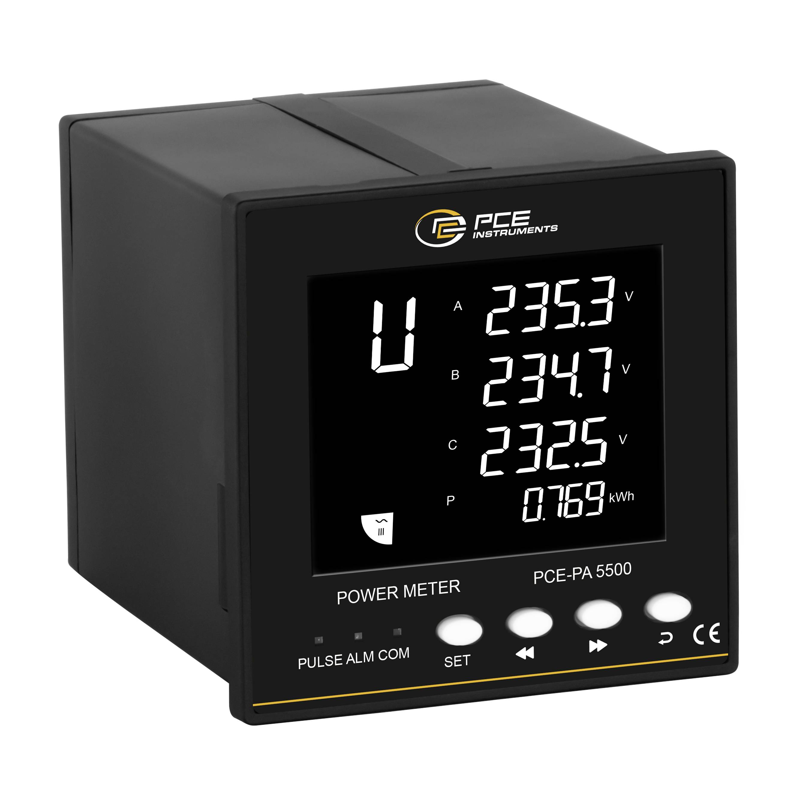 Schwarzes PCE Instruments Stromzählgerät mit Spannungswerten für die Phasen A, B und C sowie Energieverbrauch in kWh.