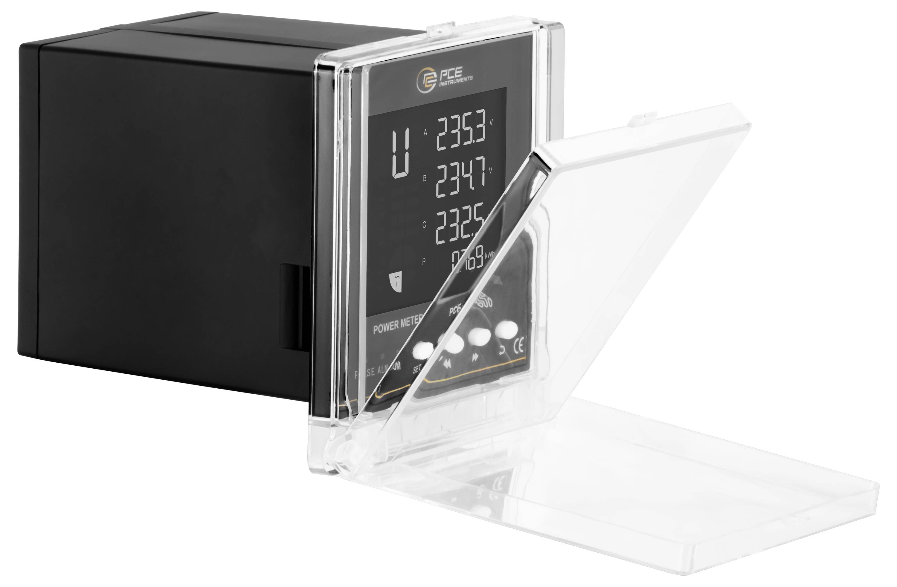 Schwarzes elektronisches Gerät mit durchsichtigem Scharnierdecker offen, mit digitalem Display und Steuertasten auf der Vorderseite.