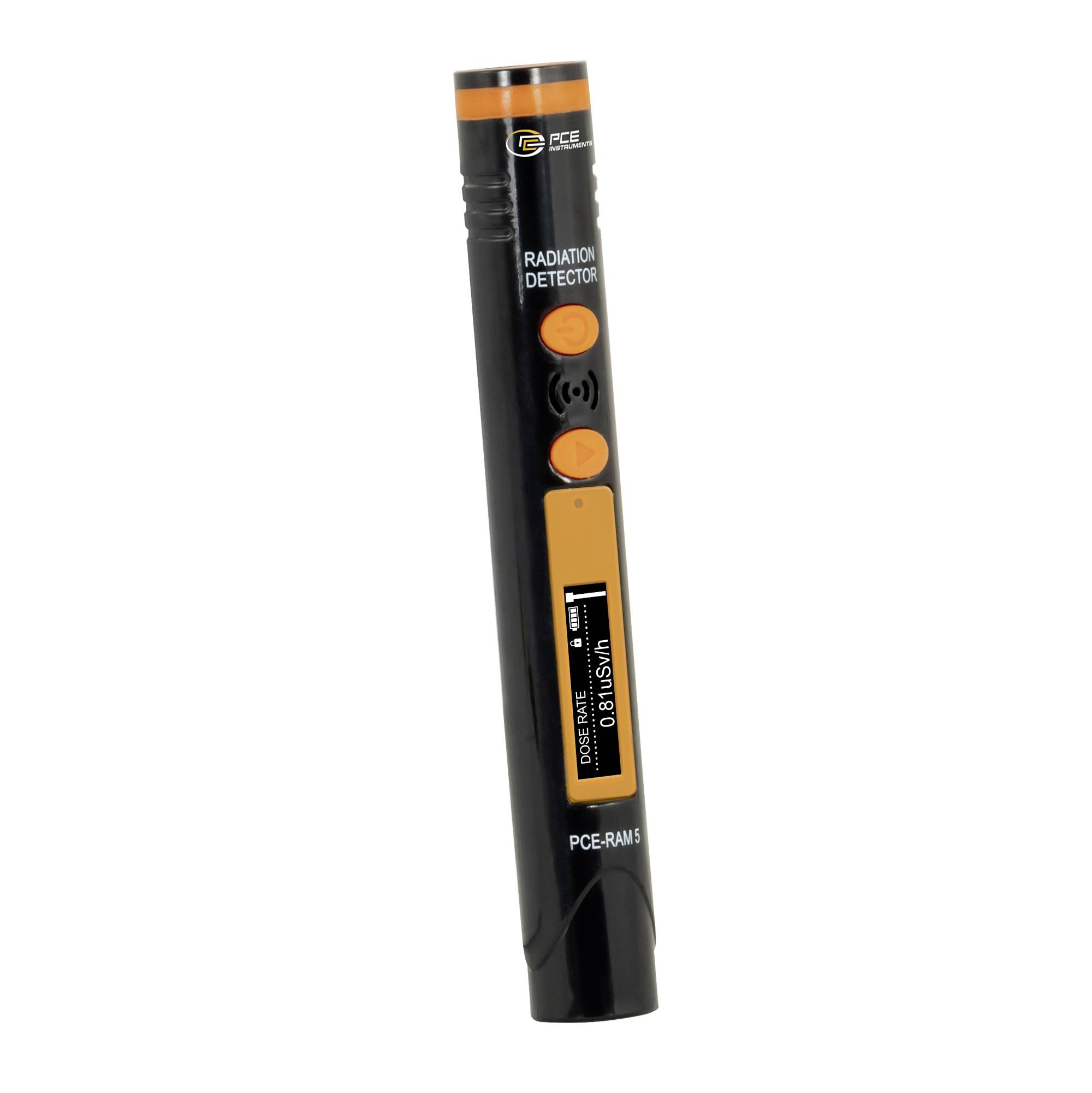 Tragbares Strahlungsmessgerät-Stabmessgerät, schwarz und orange, beschriftet mit „RADIATION DETECTOR