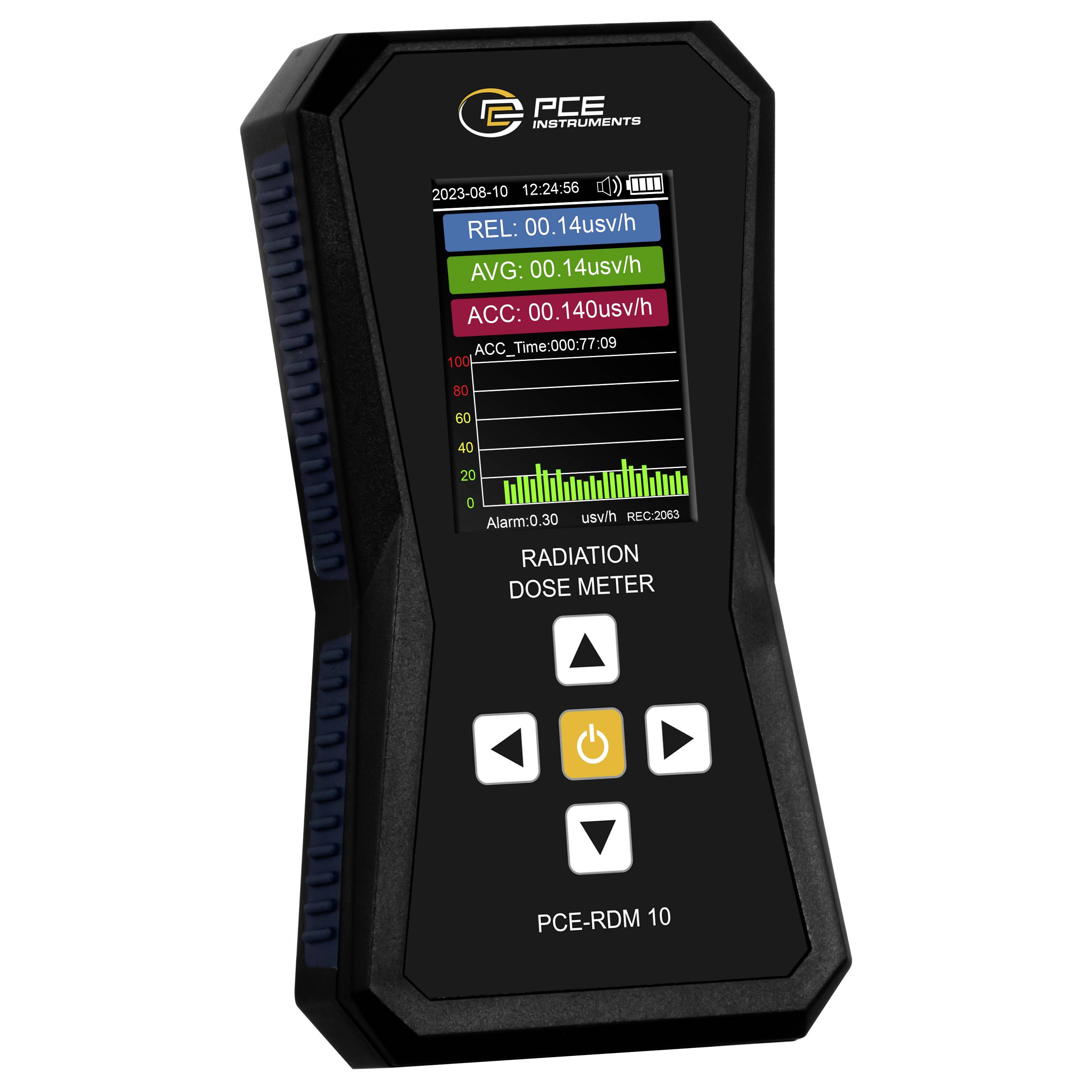 Tragbares PCE-Strahlendosimeter mit Live-Anzeige, einschließlich REL-, AVG- und ACC-Werte in Mikrosievert pro Stunde, mit kleinem Balkendiagramm.